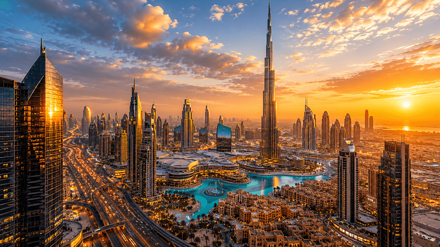 Dubai skyline at golden hour showing the Burj Khalifa and glass towers, representing the UAE business environment for company setup in 2025