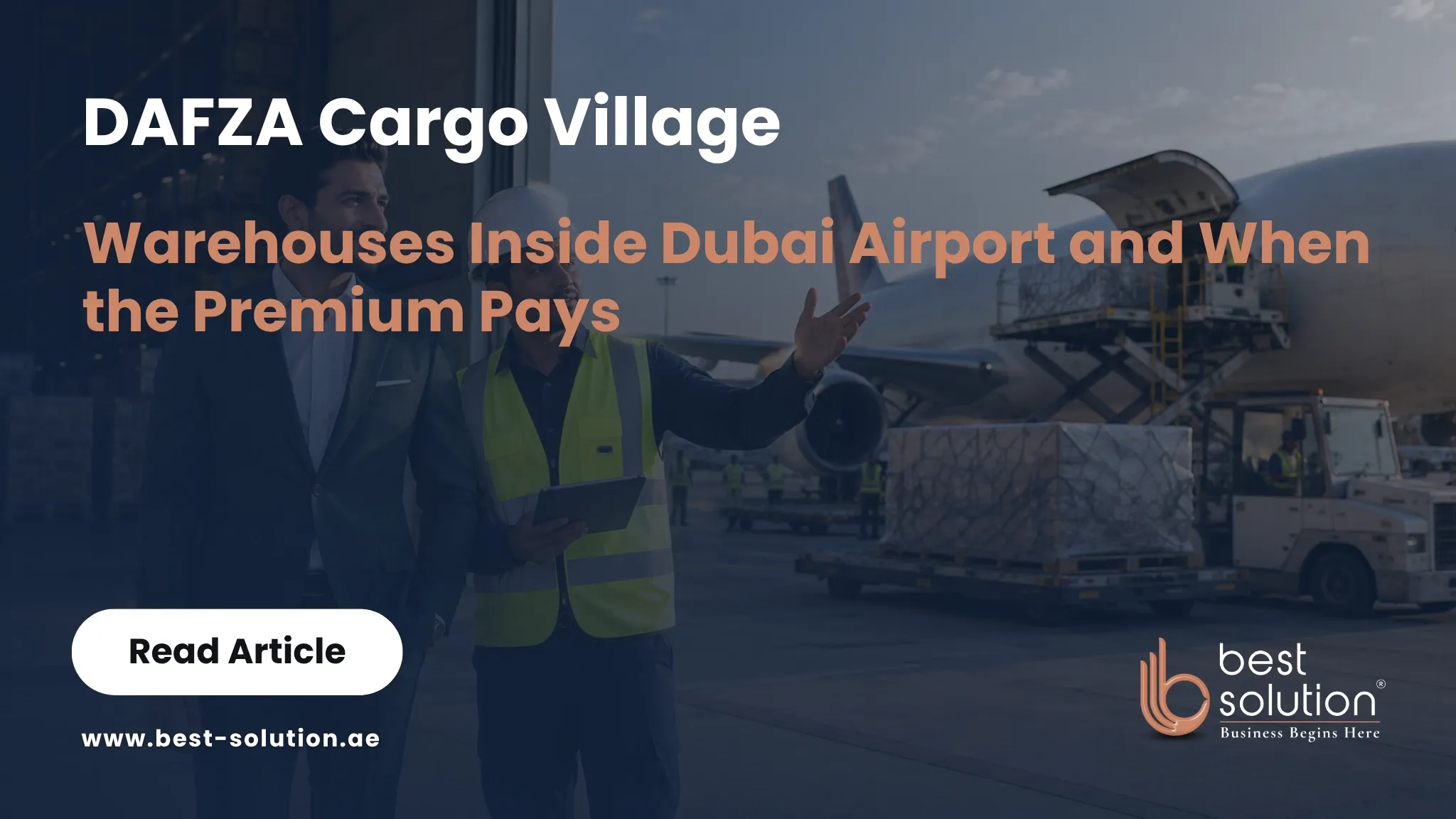 DAFZA Cargo Village warehouse with cargo aircraft and air logistics founder at Dubai International Airport