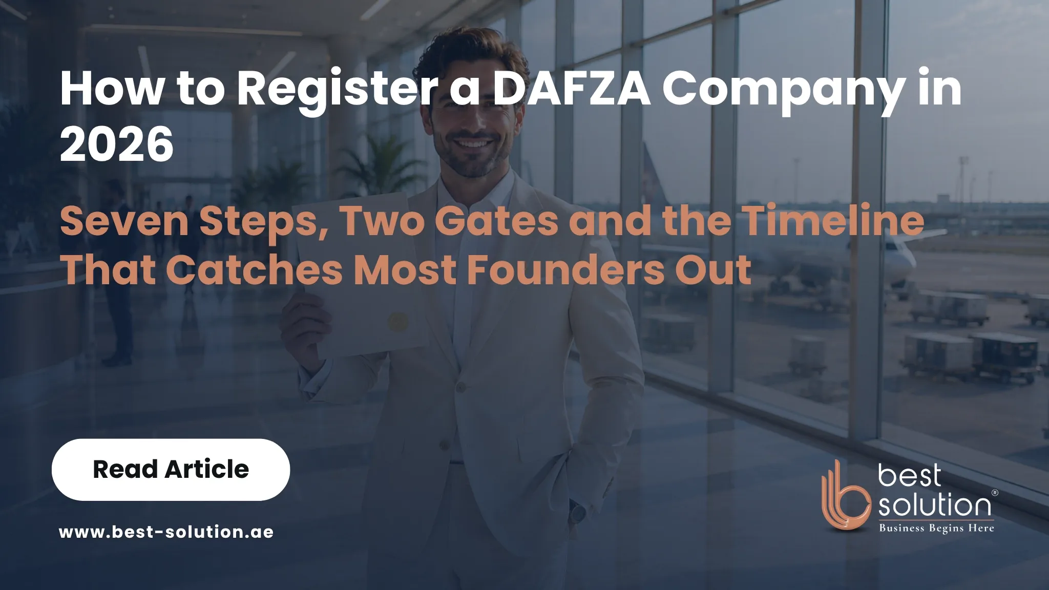 DAFZA company license inside Dubai Airport Free Zone business center with airport aircraft visible