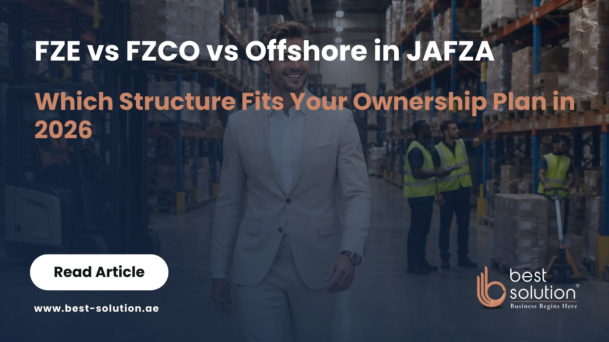 Young founder walking confidently through operational JAFZA warehouse with workers and forklift in Dubai