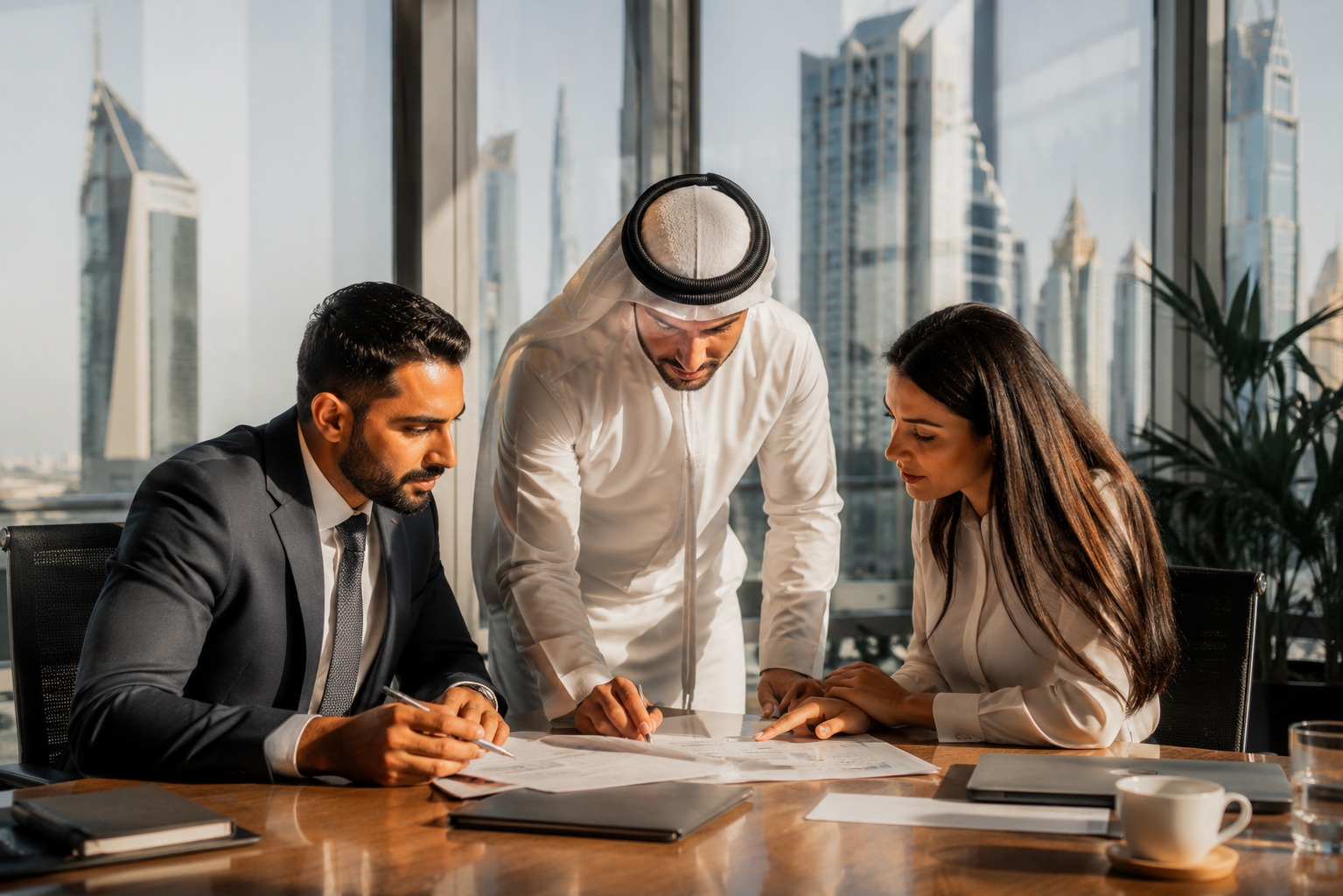 Multicultural business team reviewing company registration documents inside a modern Dubai office with city skyline views