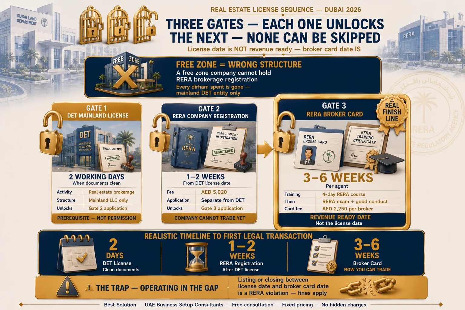 DET license to RERA registration to broker card sequence Dubai