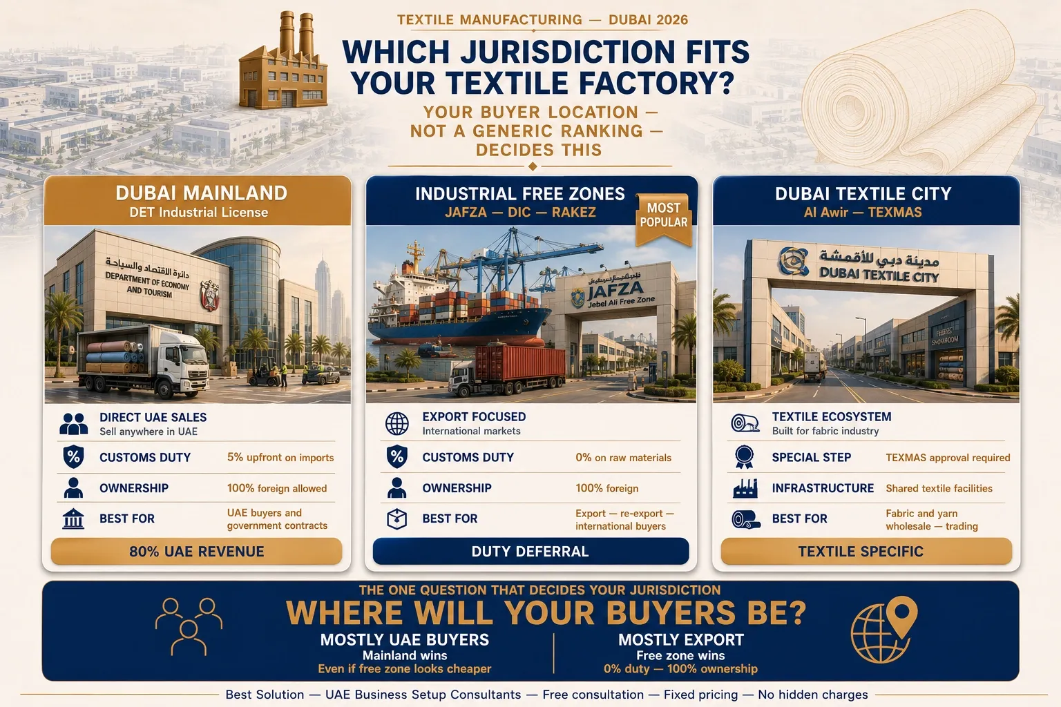 mainland vs free zone vs Dubai Textile City for textile manufacturing