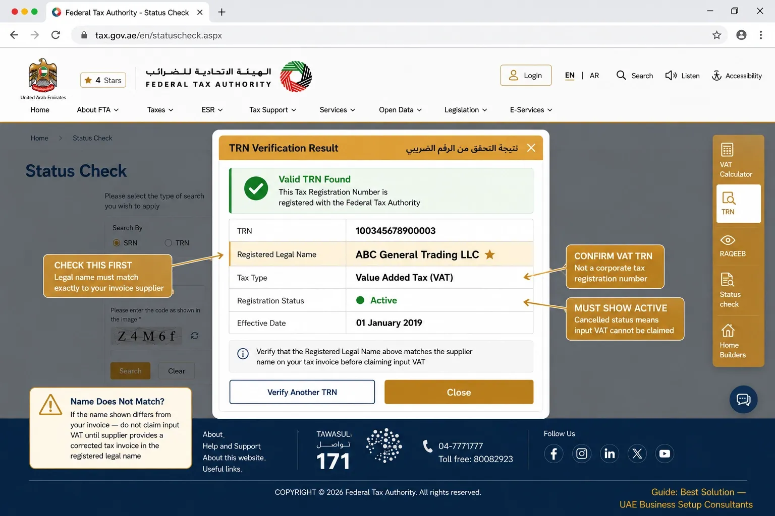 valid TRN showing the registered legal name